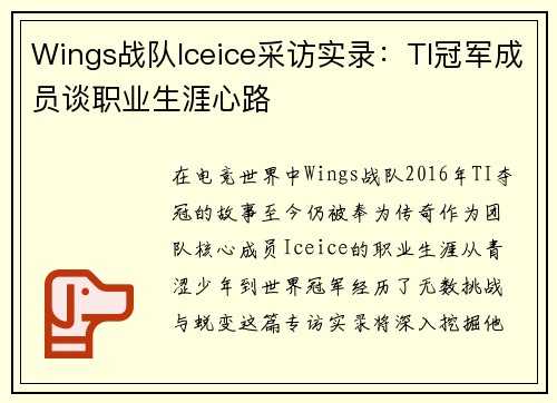 Wings战队Iceice采访实录：TI冠军成员谈职业生涯心路